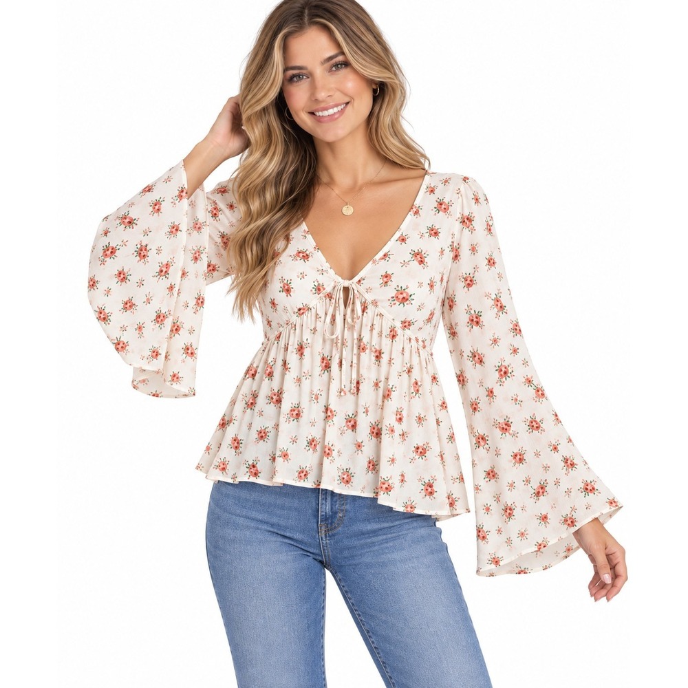 New SEE YOU MONDAY Floral Mesh Tie Front Ruffle Cropped Blouse Large